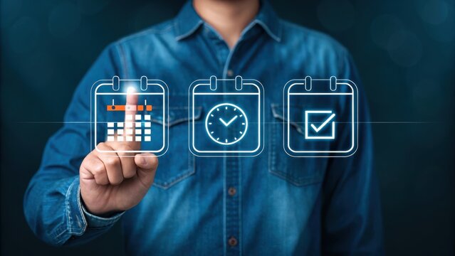 Person interacts with glowing digital calendar and clock icons 