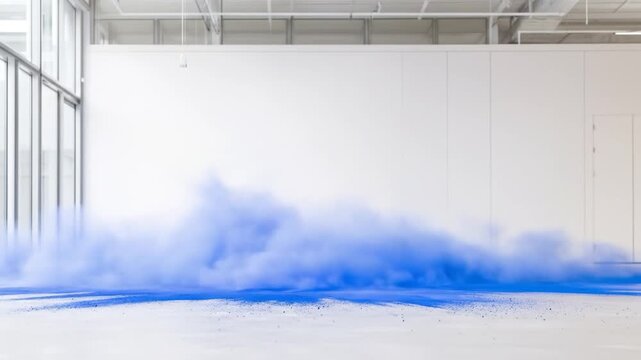 Dynamic blue powder cloud explodes across minimalist interior space with motion blur