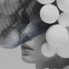 Abstract collage illustration of sensual woman with bubble headpiece and bird transparent wing covering her eyes portrait. Grunge, noise effect applied. Retro vintage style