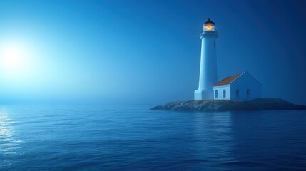 As the sun sets, a lighthouse shines brightly, guiding ships along the rugged coastline while the calm waters reflect the golden hues of twilight.