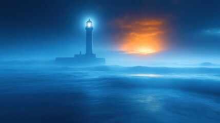 A lighthouse stands tall on rocky shoreline at sunset, casting a warm glow over tranquil waters and illuminating coastal landscape