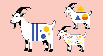 Goats with vibrant geometric shapes illustration art print design