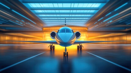 A sleek business jet stands prominently in a spacious hangar, enhanced by dramatic blue and orange lighting that highlights its elegant features.