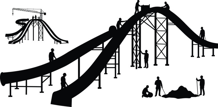 Construction workers building water slide structure, assembling amusement park attraction with scaffolding, teamwork, engineering, and outdoor entertainment facility development project
