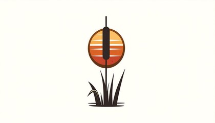 Minimalist Cattail Silhouette Against a Sunset Circle Design.