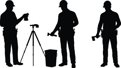 Construction workers holding hammers and chisels, preparing tools for building or renovation work at construction site with safety helmets and equipment