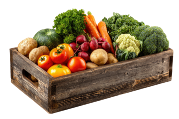 Rustic wooden crate overflowing with a vibrant assortment of fresh, raw vegetables
