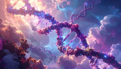 A vibrant artistic depiction of a DNA double helix ascending into an ethereal, cloud-filled sky with soft, luminous light
