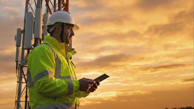 Engineer Using Digital Tablet Near Communication Tower at Sunset - Telecommunications Technology, Wireless Network Maintenance, and Industrial Infrastructure Concept in 4K UHD