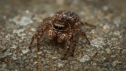 Macro shot of a jumping spider on rocky surface, detailed eyes and hairy legs