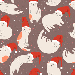 Merry Christmas seamless pattern with cute hand drawn cats In Santa hat isolated on brown background. Holiday animal design template for card, invitation. Funny vector illustration