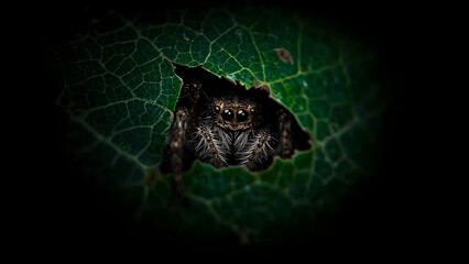 Jumping spider hiding in a leaf hole, macro photography with dark background and vivid details