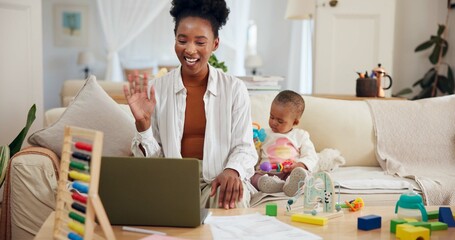 Video call, toddler or mother wave with laptop for remote work, online teaching or virtual classroom. Communication, lesson plan or woman with girl for multitasking, digital education or pc in lounge