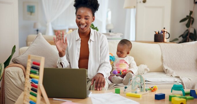 Video call, toddler or mother wave with laptop for remote work, online teaching or virtual classroom. Communication, lesson plan or woman with girl for multitasking, digital education or pc in lounge