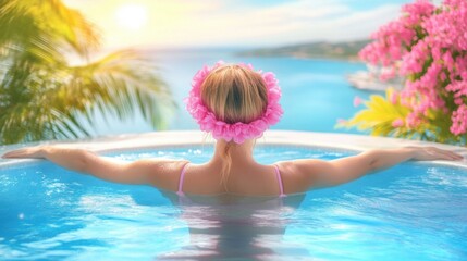 A serene moment of a woman enjoying relaxation in a tranquil outdoor pool surrounded by tropical plants and ocean views during sunset