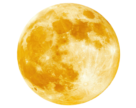 Isolated image of a full, yellowish moon with visible craters against a black background