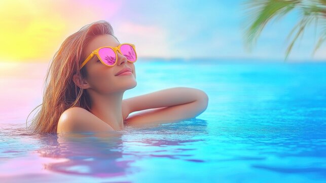 A serene moment of a woman enjoying relaxation in a tranquil outdoor pool surrounded by tropical plants and ocean views during sunset - Powered by Adobe