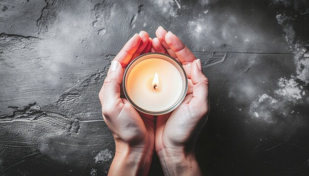 Bright burning candle in the human hands on dark wall background. 
