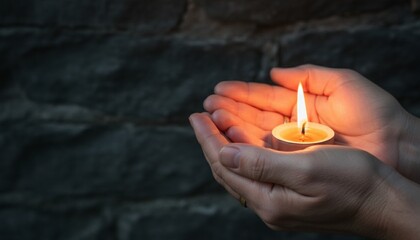 Bright burning candle in the human hands on dark wall background. 
