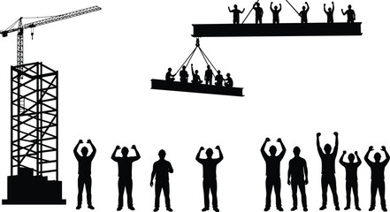 Construction workers on steel beams guided by crane equipment, coordinating teamwork and signalling for high rise structural building site safety operations