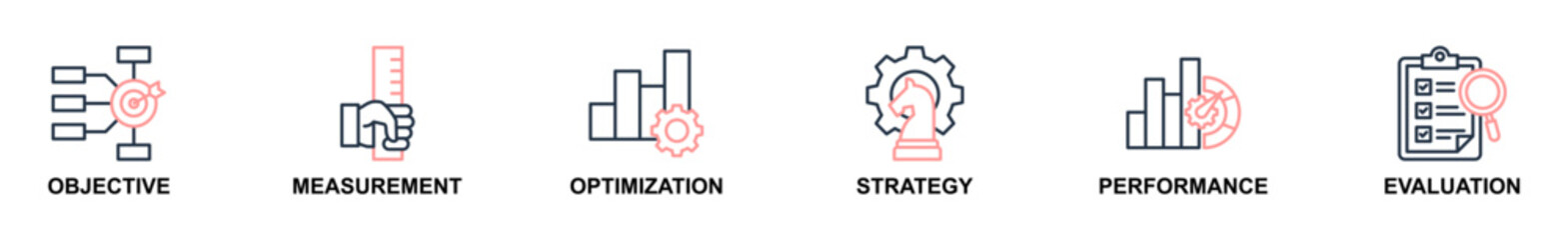 Banner web of KPI icons vector illustration. Concept of objective, measurement, optimization, strategy, performance, and evaluation. Simple line color vector illustration.