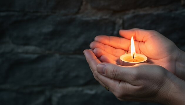 Bright burning candle in the human hands on dark wall background. 

