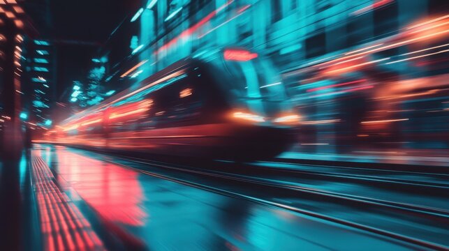 A train rushes through a colorful cityscape, creating a blur of yellow and blue, capturing the essence of urban movement and energy in a minimalistic style.