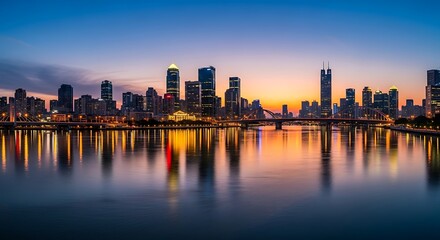 Naklejka premium Stunning cityscape reflecting in tranquil water at twilight offers a captivating urban vista for travel, business, or architectural projects