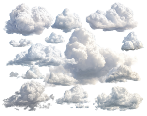 A collection of fluffy, white clouds of various shapes floating against a black background