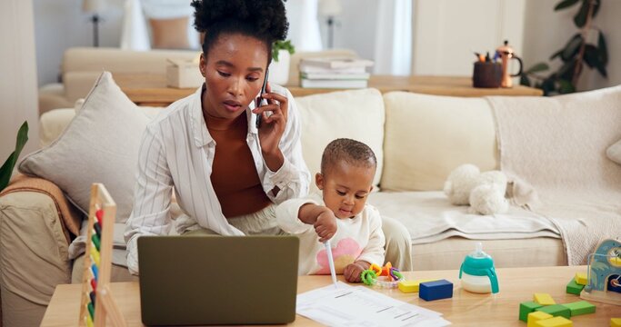 Phone call, toddler or mother with laptop for remote work, transaction confirmation or account management. Bookkeeping, parenthood or woman with girl to check statement, drawing or tech for payroll - Powered by Adobe