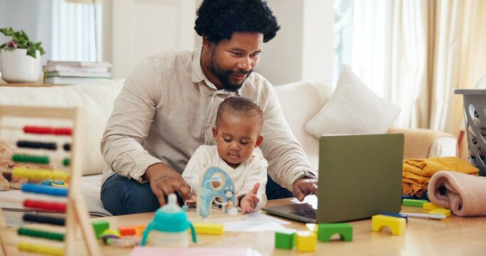 Reading, toddler or father with laptop for remote work, check online transaction or account management. Bookkeeping, childcare or man with girl for digital audit, review bank statement or multitask