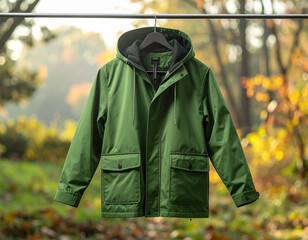  Minimal Outdoor Fashion – Green Parka Display in Park Scene