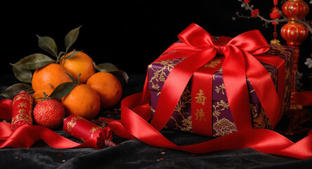 A beautifully wrapped gift box with a vibrant red ribbon sits amongst fresh oranges and traditional chinese decorations, embodying the spirit of lunar new year celebrations and festive cheer