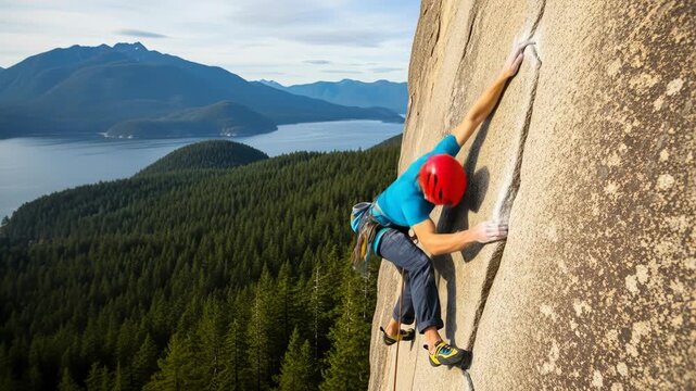 A climber ascends a rock face with stunning mountain and lake views in the background