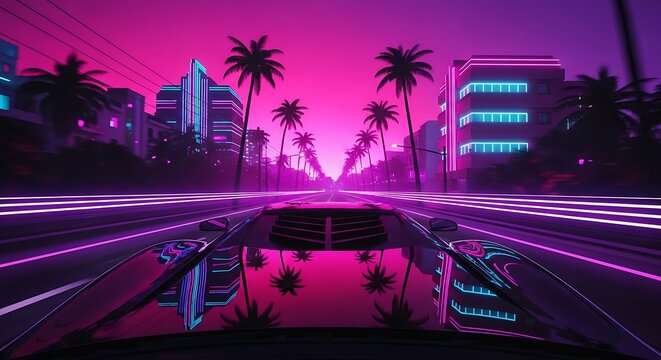 Retro neon city street driving at night, aesthetic synthwave car travel