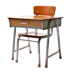 Fototapeta premium Old school desk and chair with wooden top and metal frame on a black background student desk classroom, Isolated On White Background, Png Transparent