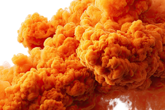 A dynamic, orange explosion erupts against a stark black background, showcasing voluminous textures