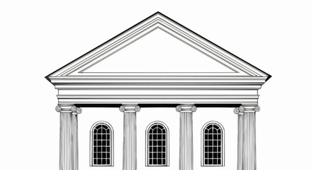 Architectural line drawing of a classical building facade with columns.