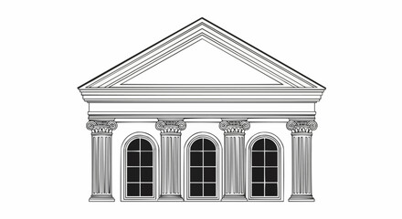 Architectural facade featuring classical columns and arched windows in detailed illustration.
