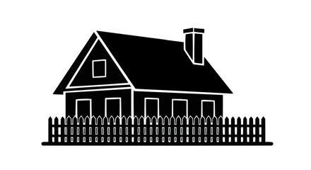 Black Silhouette of a Traditional House with a Picket Fence.