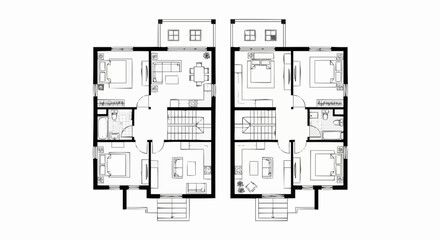 Detailed Floor Plan of Two Identical Townhouses with Furniture Layout.