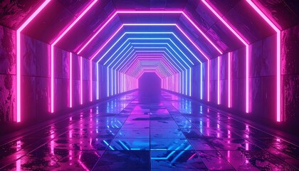 Neon tunnel with purple and blue lights, reflecting on a wet floor