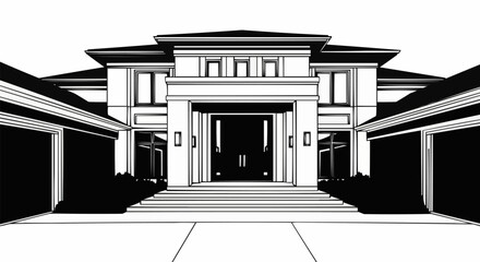 Black and white architectural illustration of a modern luxury mansion.