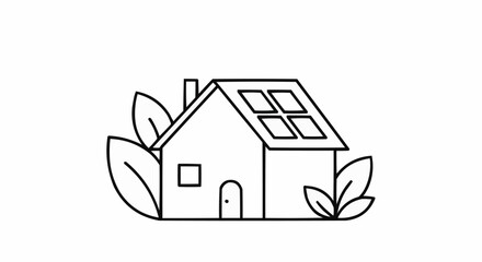 Eco-Friendly House with Solar Panels and Green Leaves.