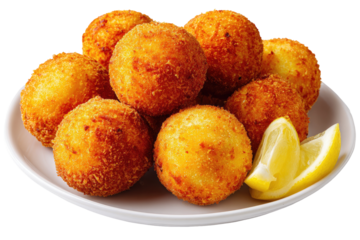 Golden, fried, round food on a white plate with lemon wedges. Close-up. Appetizing