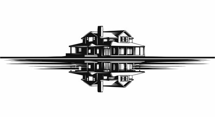 House Reflection - A Serene Lakeside Home in Black and White.