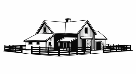 Detailed illustration of a classic farmhouse with a wooden fence surrounding it.