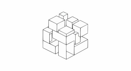 Abstract isometric cube structure line art drawing minimalist geometric design.