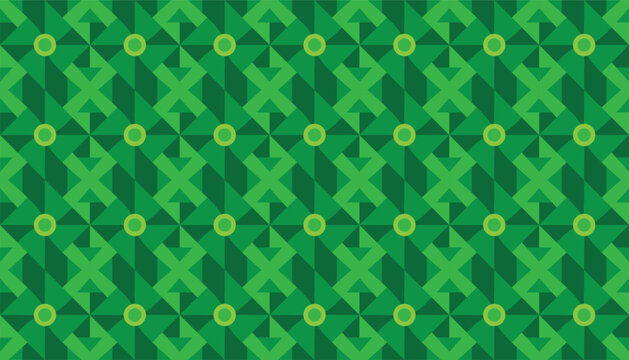 A repeating abstract pattern composed of layered X motifs in various green tones, highlighted with small circular elements. The harmonious color palette evokes a nature-inspired, vibrant aesthetic