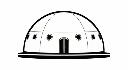 Simple black and white line drawing of a futuristic dome building.